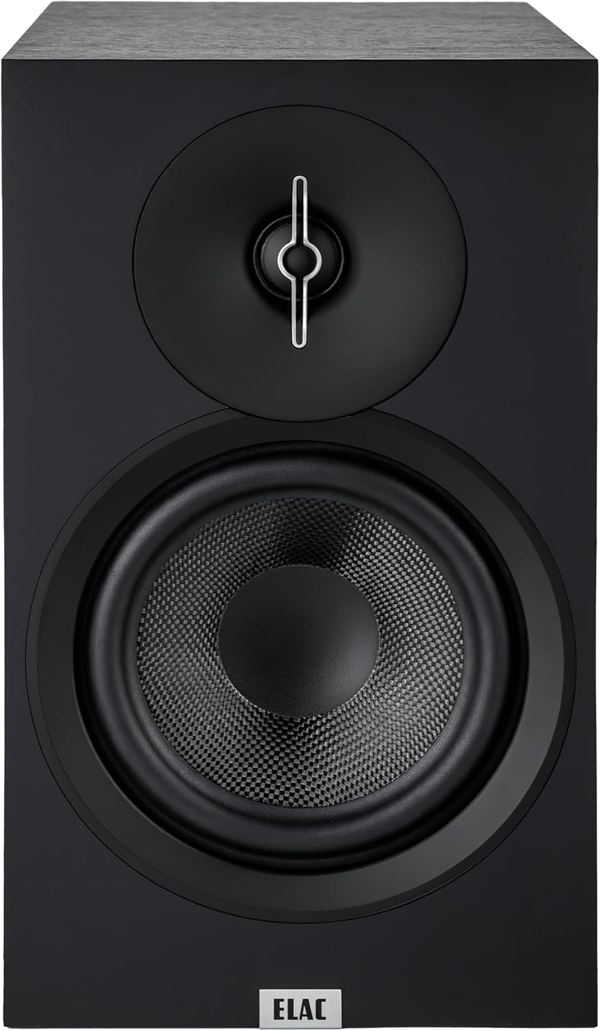 ELAC Lautsprecher in Schwarz mit modernem Design Schwarzer ELAC Lautsprecher mit großem Tieftöner und Hochtonbereich