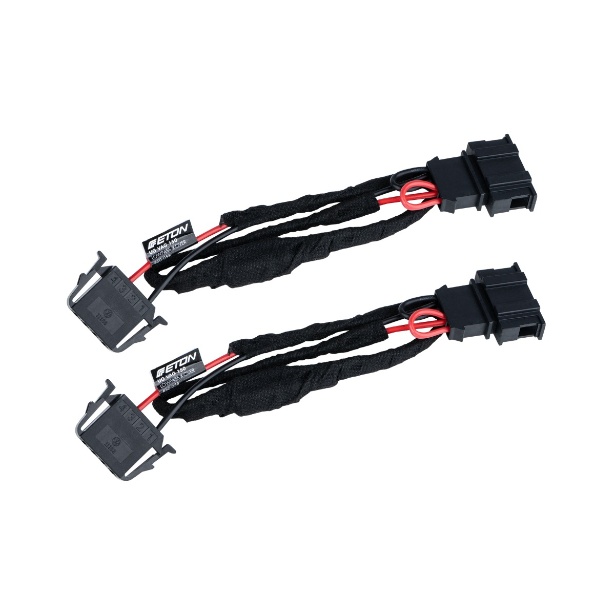 Eton Kabeladapter für Fahrzeuge – Set mit zwei Stück Bild von zwei Eton Kabeladaptern für den Fahrzeuggebrauch, schwarz mit roten und schwarzen Kabeln