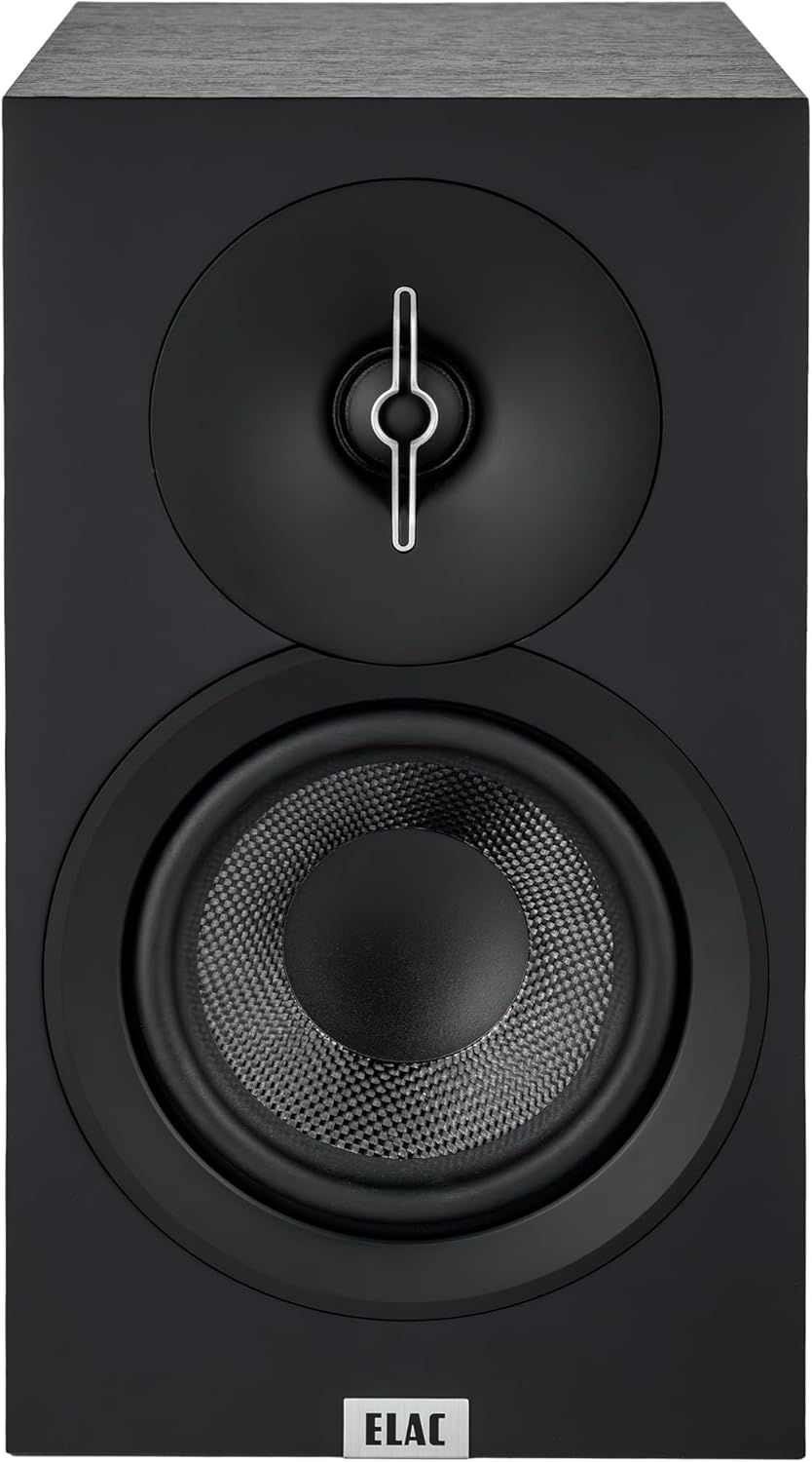 ELAC Regallautsprecher in Schwarz, modernes Design Schwarzer ELAC Regallautsprecher mit modernem Design und klarer Klangqualität