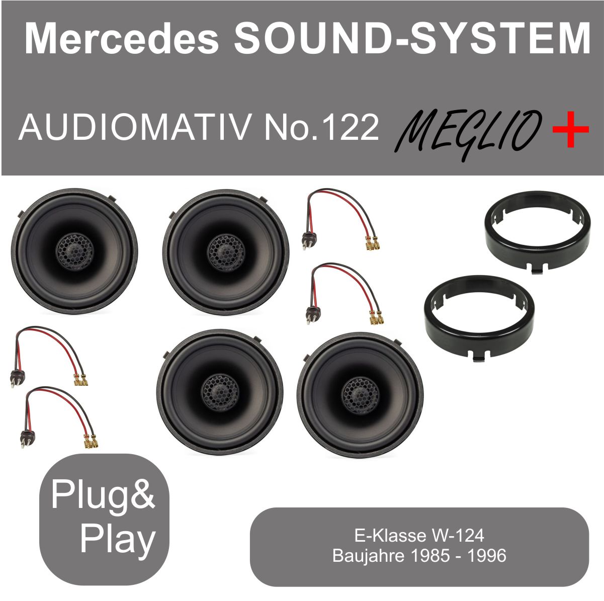 Mercedes Sound-System AUDIOMATIV No.122 für E-Klasse W-124 (1985-1996) - Plug & Play Mercedes Sound-System AUDIOMATIV No.122, geeignet für E-Klasse W-124 von 1985 bis 1996. Enthält Lautsprecher und Zubehör für einfache Installation.