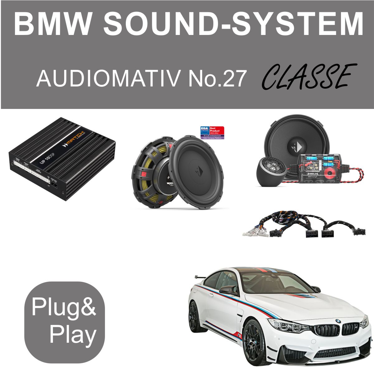 BMW Soundsystem AUDIOMATIV No.27 mit Plug & Play Installation BMW Soundsystem AUDIOMATIV No.27, bestehend aus Verstärker, Lautsprechern und Kabeln, kompatibel mit BMW.