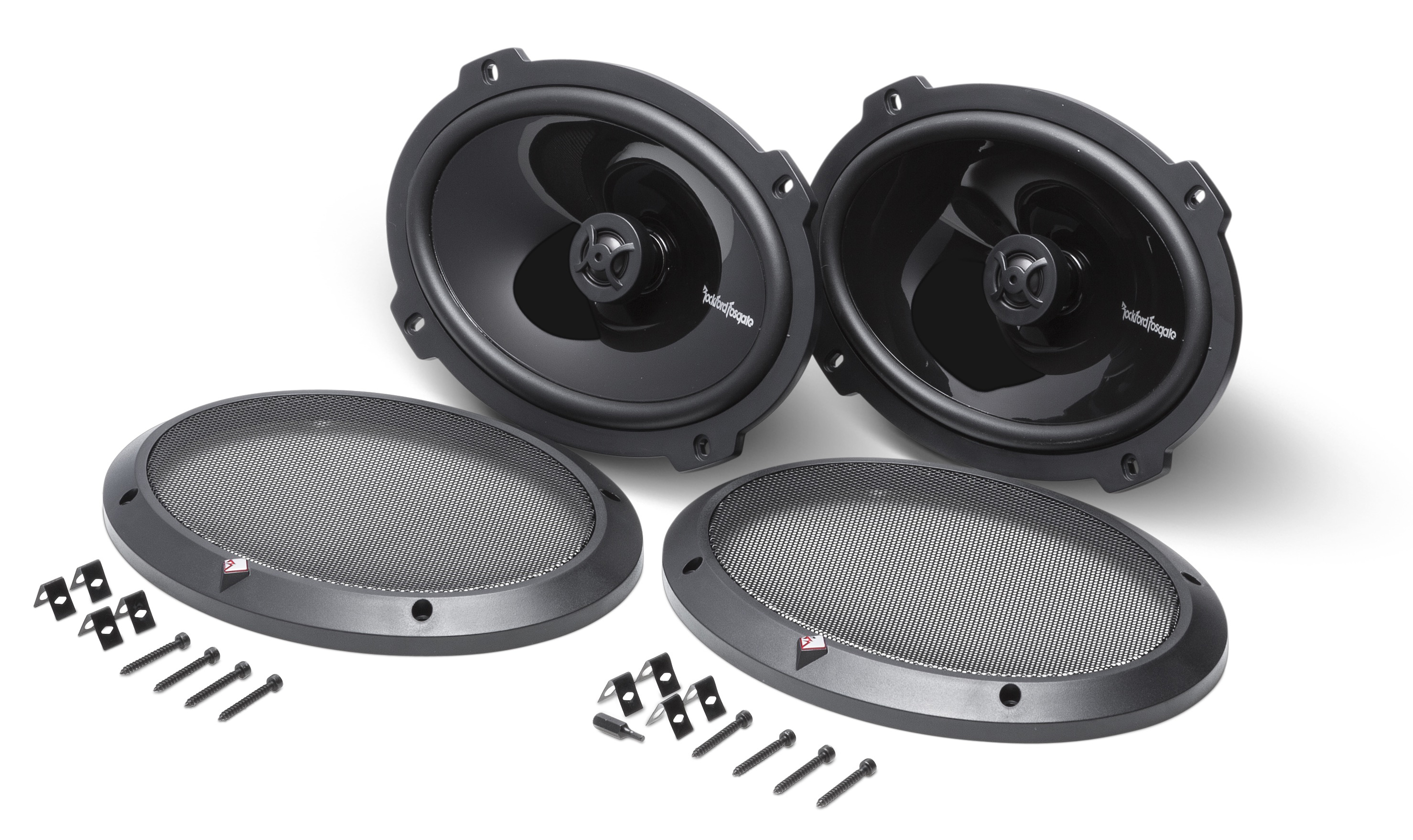 Auto-Lautsprecher-Set mit Abdeckungen und Montagezubehör Ein Set aus zwei Auto-Lautsprechern mit Schutzabdeckungen und Montageschrauben