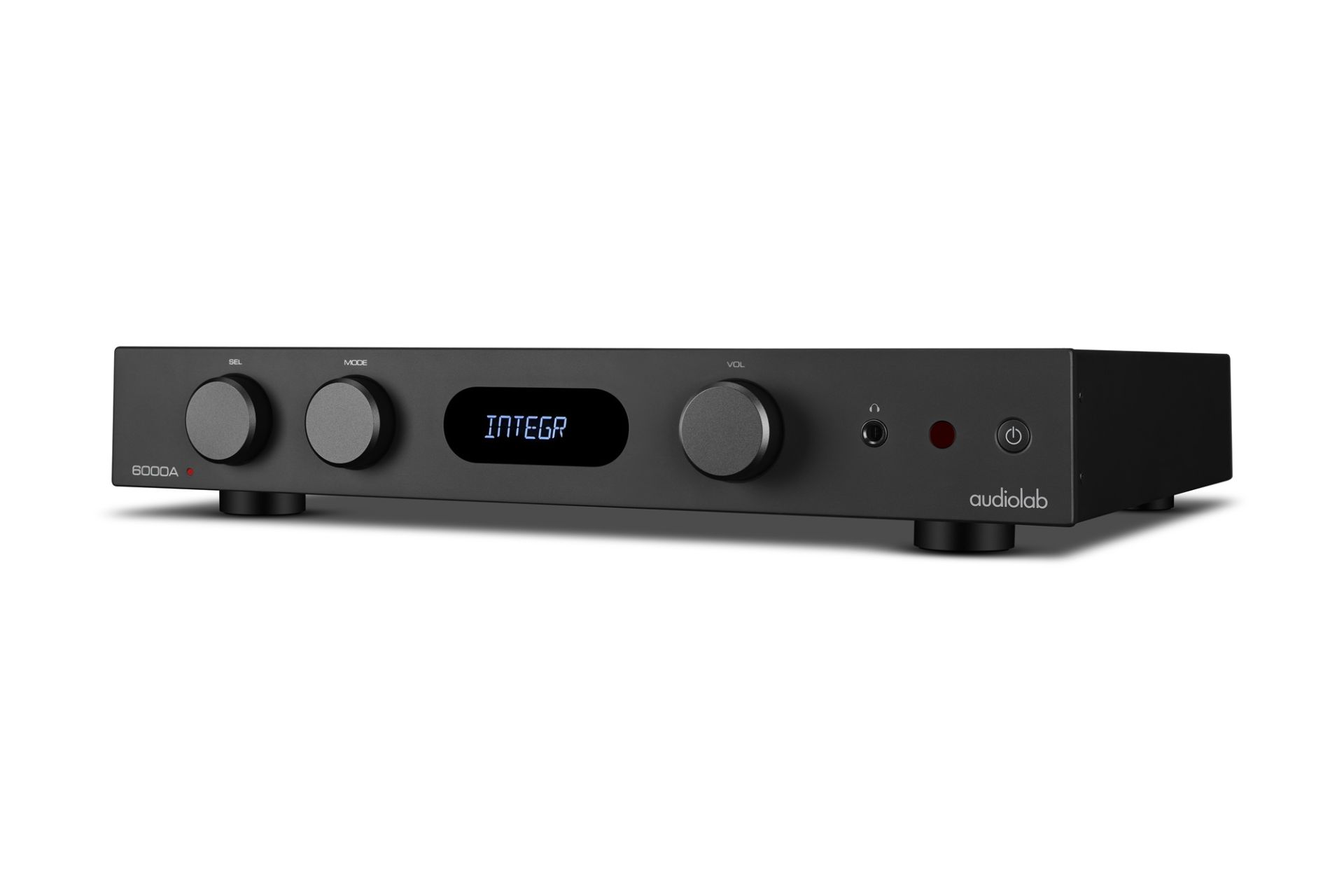 Audiolab 6000A Stereo-Verstärker in Schwarz Seitliche Ansicht des Audiolab 6000A Stereo-Verstärkers mit Bedienelementen und Display in Schwarz