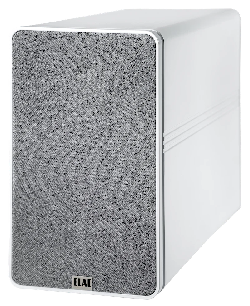 Moderner weißer Lautsprecher mit grauer Stoffbespannung Weißer Lautsprecher mit grauem Stoffüberzug und schlichter, eleganter Optik