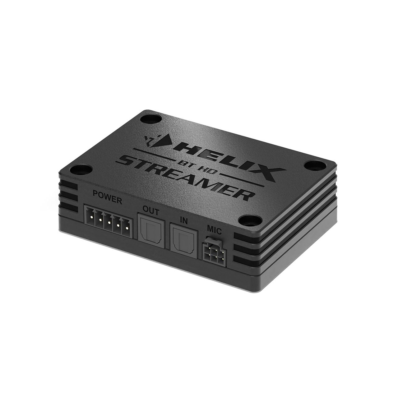 Helix BT HD Streamer für hochwertige Audioverbindung Schwarzer Helix BT HD Streamer mit Anschlüssen für Power, Out, In und Mikrofon
