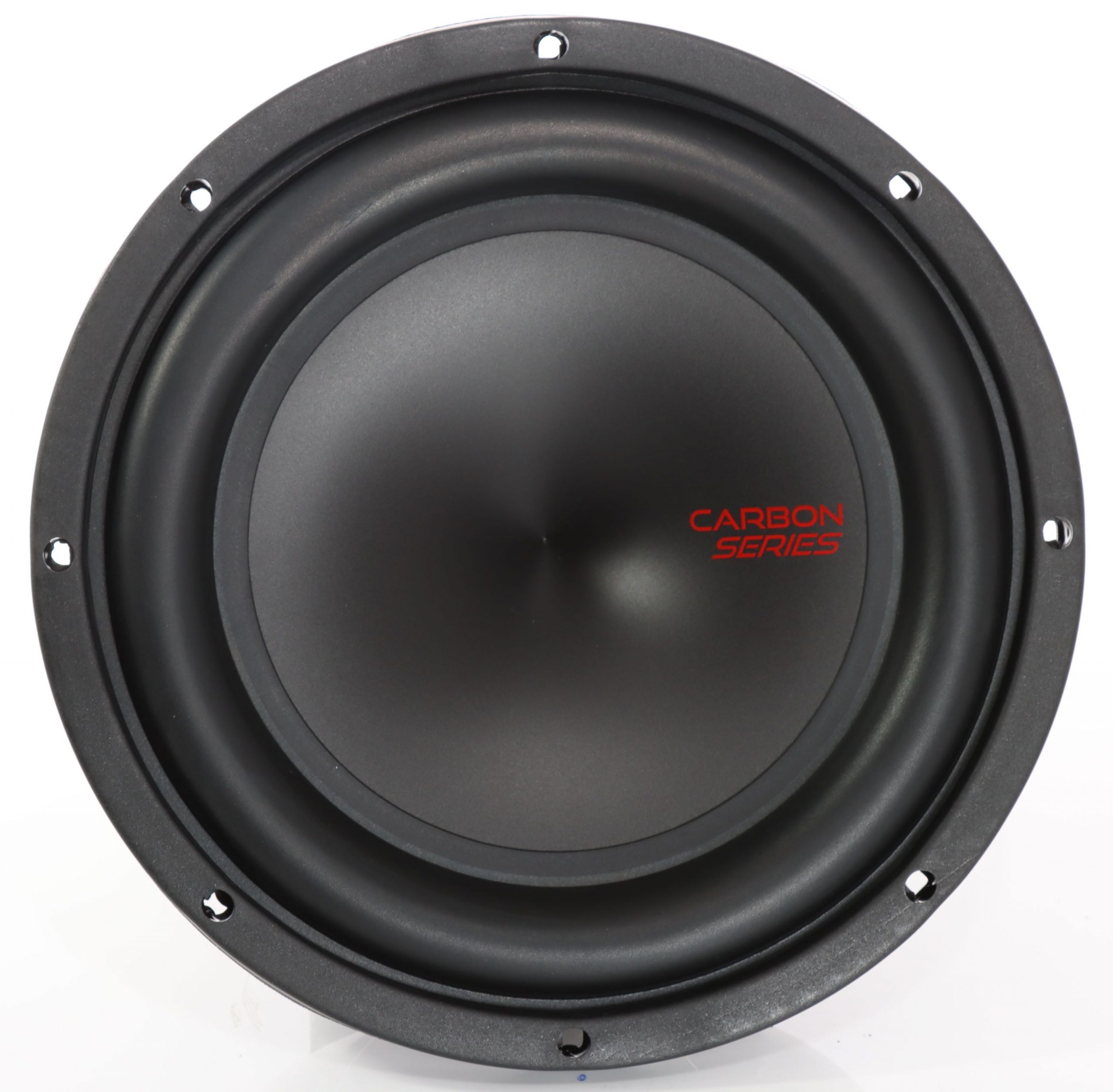 Hochwertiger Subwoofer der Carbon Series für kraftvollen Bass Schwarzer Subwoofer der Carbon Series mit rotem Logo auf der Membran