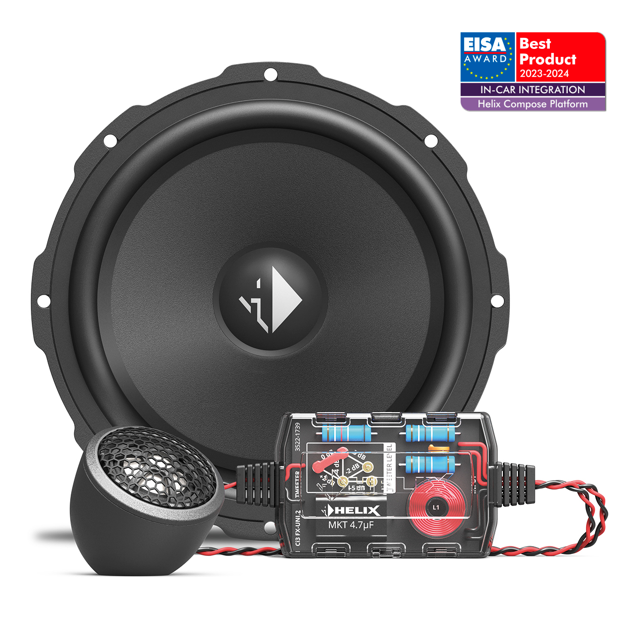 Helix Audiosystem mit EISA Award 2023-2024 ausgezeichnet Helix Audiosystem-Komponenten mit EISA Award 2023-2024 für beste In-Car-Integration ausgezeichnet, bestehend aus einem Lautsprecher, Hochtöner und Frequenzweiche.