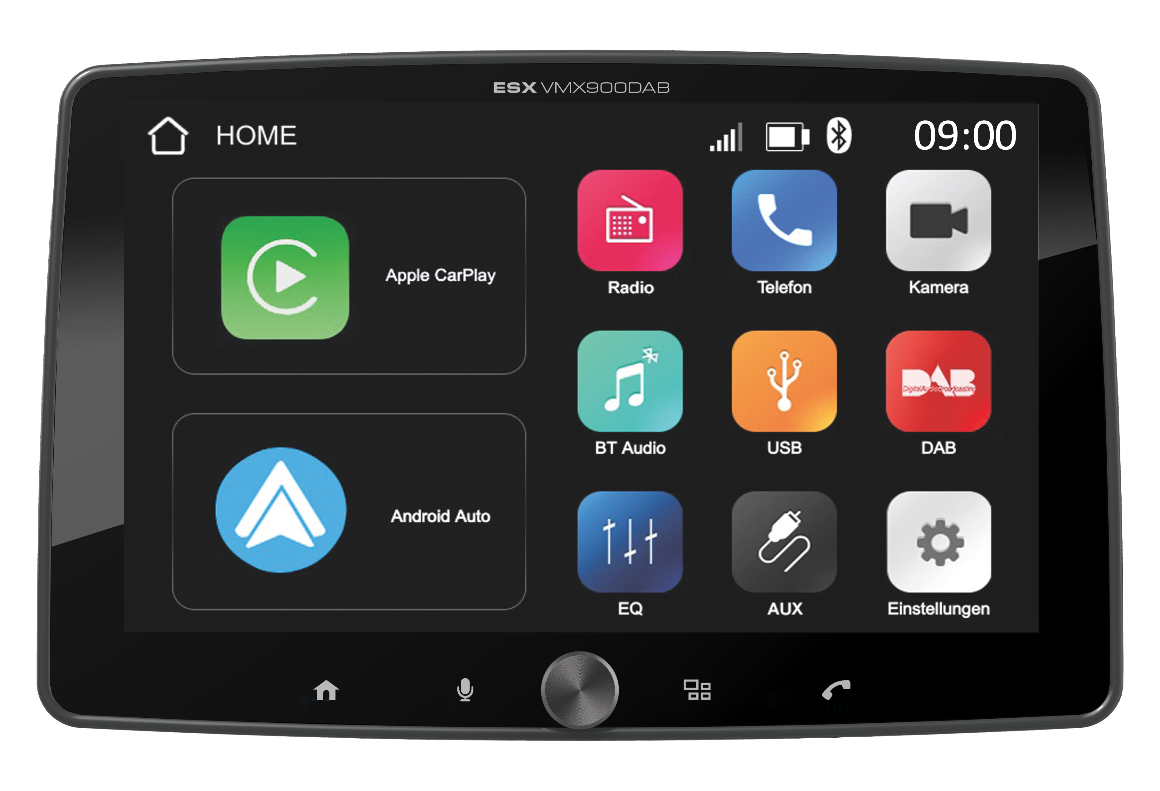Multimedia-Autoradio ESX VMX900DAB mit Touchscreen und zahlreichen Funktionen ESX VMX900DAB Multimedia-Autoradio mit Bedienoberfläche, zeigt Apps wie Apple CarPlay, Android Auto, Radio und mehr.
