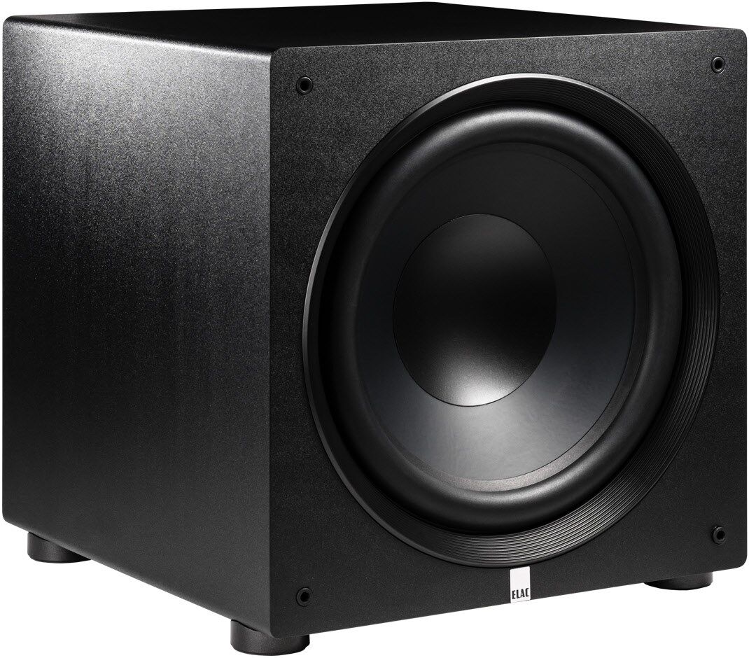 Moderner schwarzer Subwoofer mit kraftvollem Klang Schwarzer Subwoofer in rechteckigem Design mit rundem Lautsprecher
